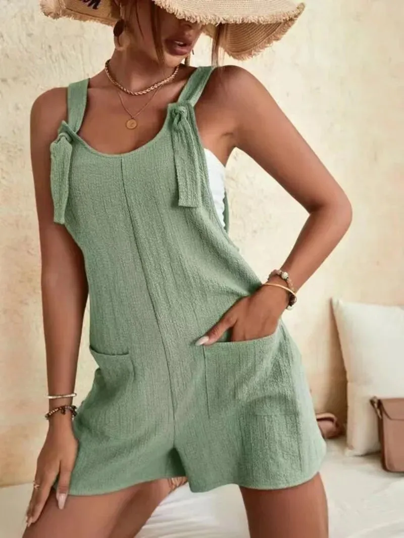 2024 Casual Short Rompers Overalls Jumpsuits Solid Loose Sleeveless Tie Knot Dress