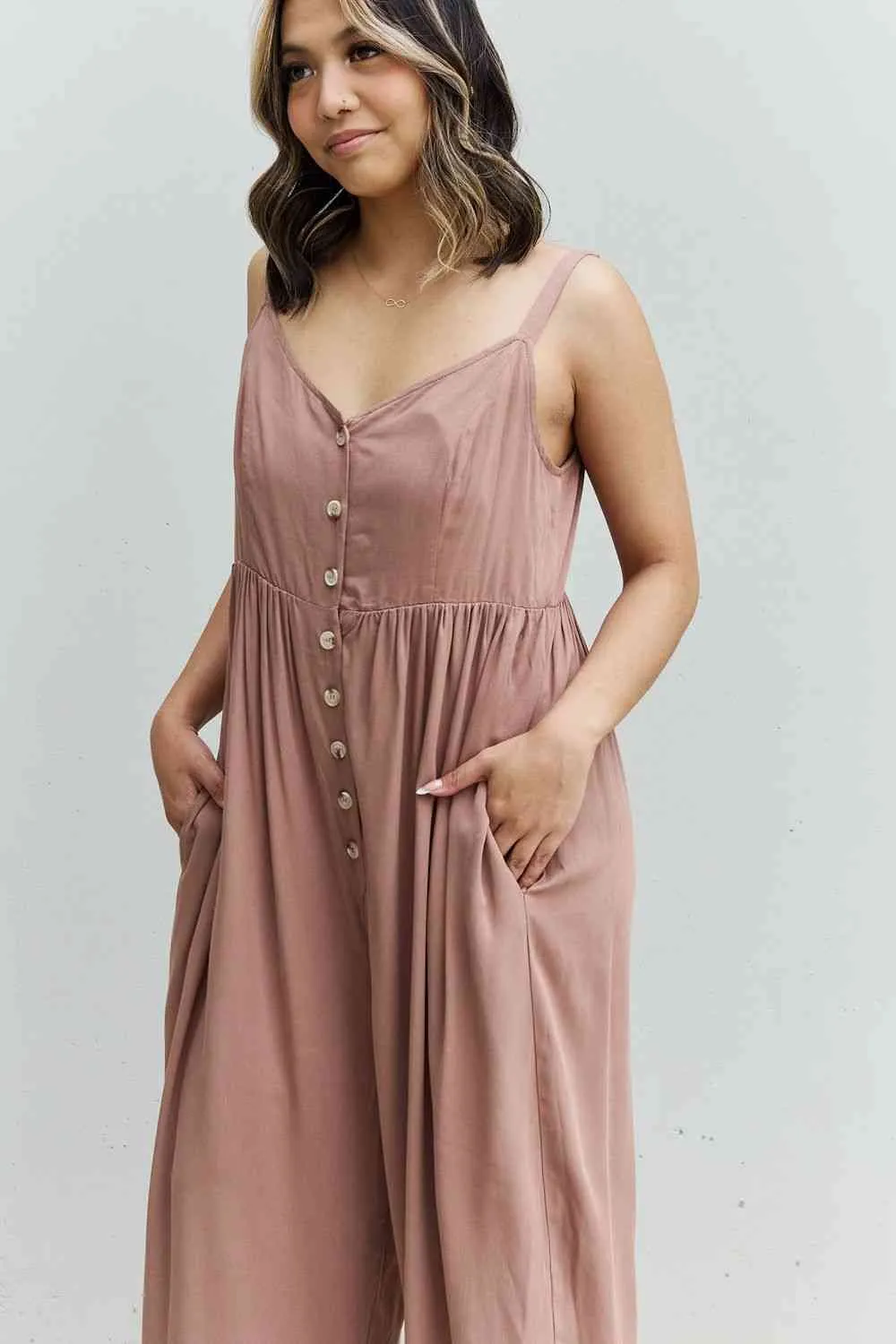 All Day Full Size Wide Leg Button Down Jumpsuit in Mocha