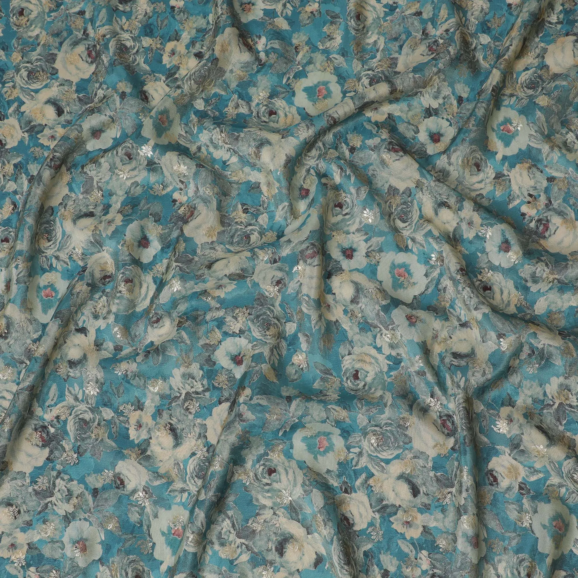 Aqua Blue & Grey Floral Viscose Digital Printed Fabric - Soft & Lightweight, 110 cm Width-D20261