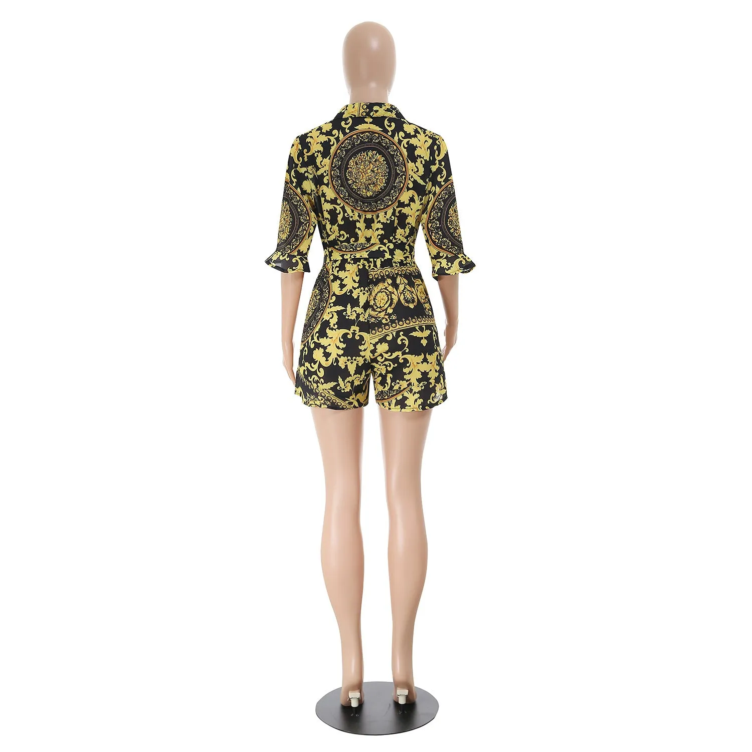 Baroque Print Half Sleeve Casual Rompers