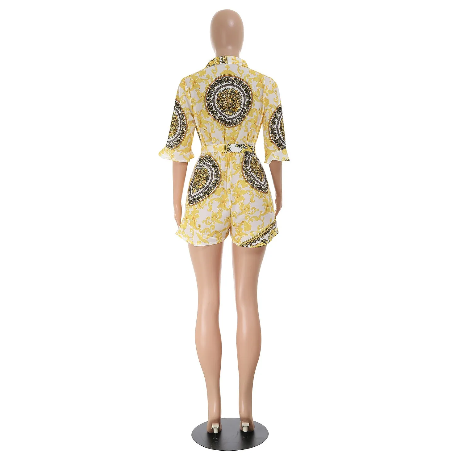 Baroque Print Half Sleeve Casual Rompers