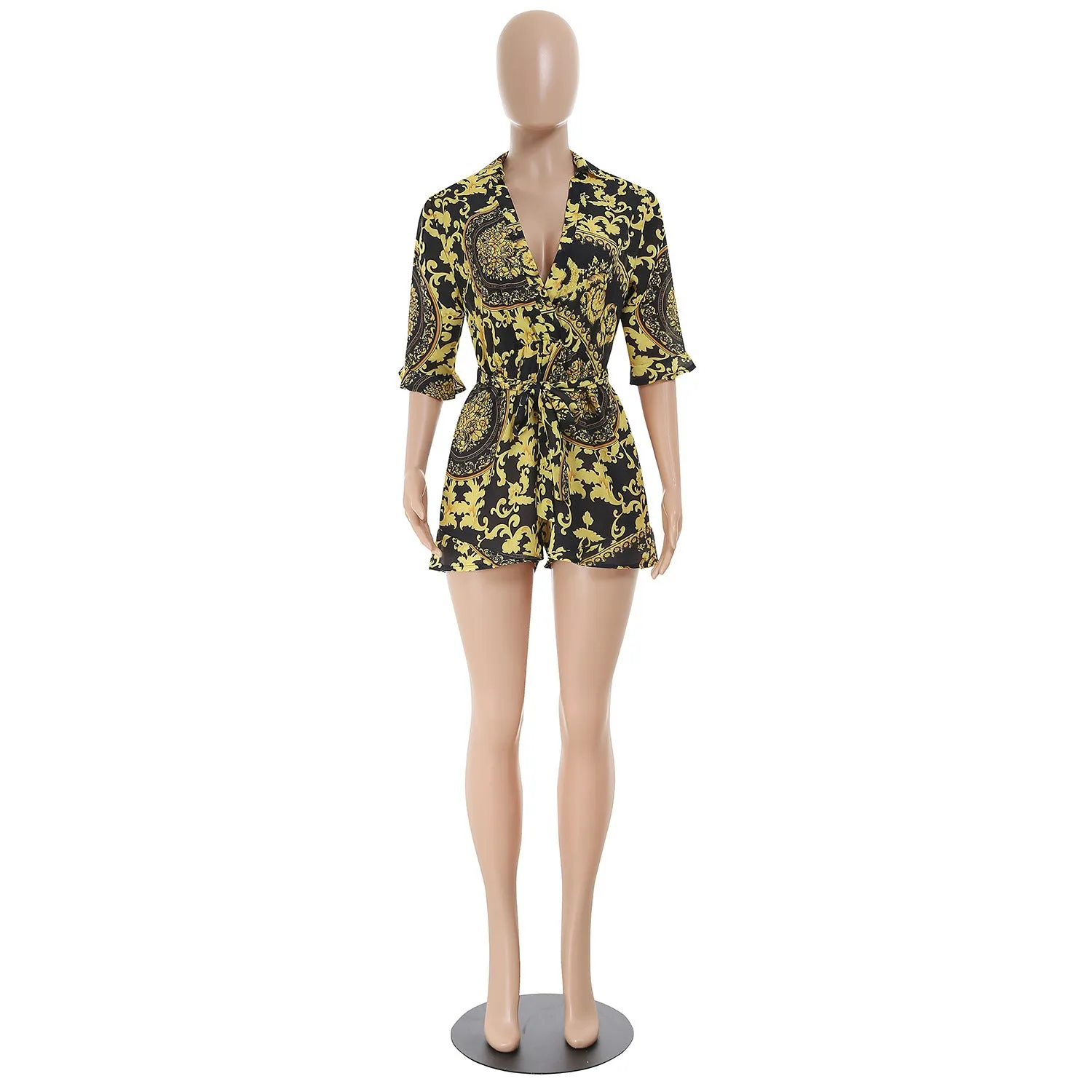 Baroque Print Half Sleeve Casual Rompers