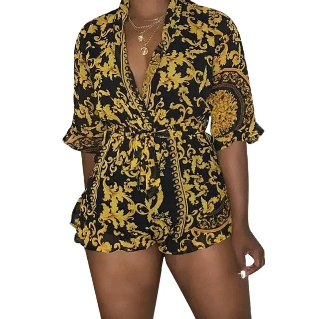 Baroque Print Half Sleeve Casual Rompers