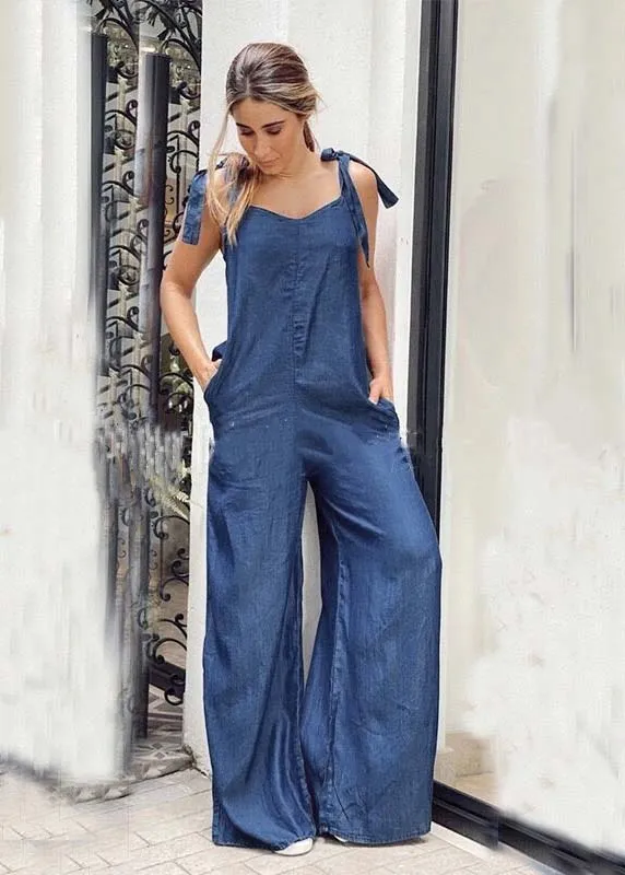 Blue Oversized Pockets Denim Wide Leg Jumpsuit