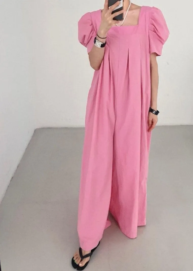 Bohemian Rose Square Collar Oversized Linen Jumpsuits Wide Leg Pants Summer LY1317