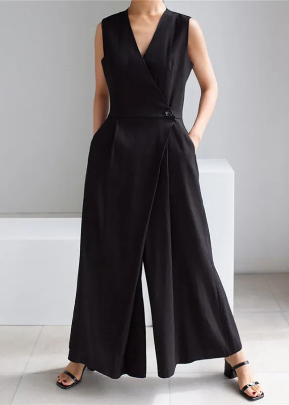 Brief Black V Neck Button Pockets Jumpsuits Summer