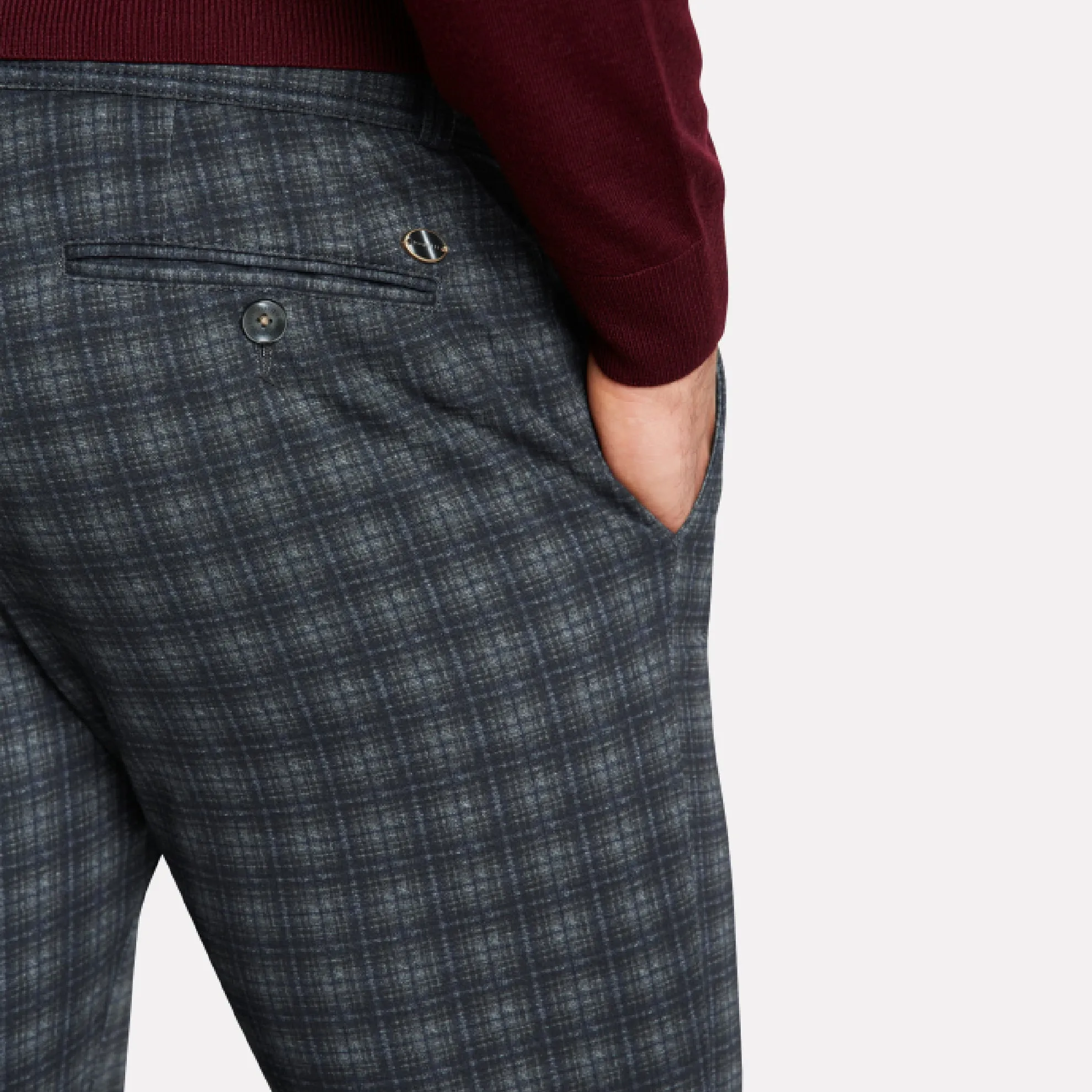 Bugatti "Flex City" Flat Front Drawstring Casual Pant / Dark Grey and Brown Plaid