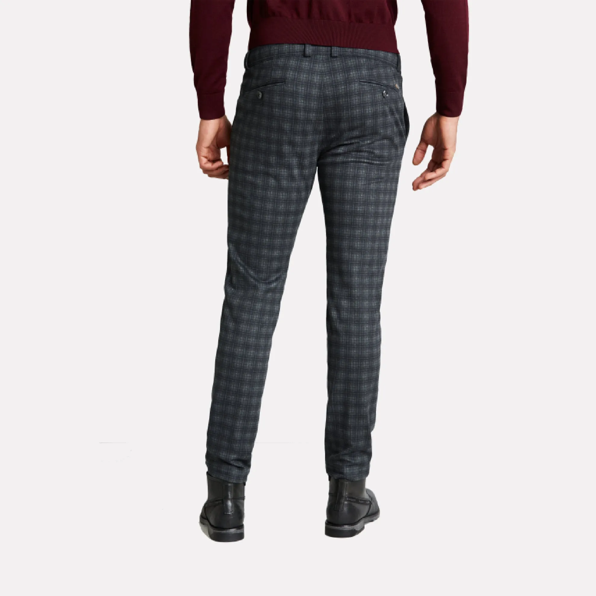 Bugatti "Flex City" Flat Front Drawstring Casual Pant / Dark Grey and Brown Plaid