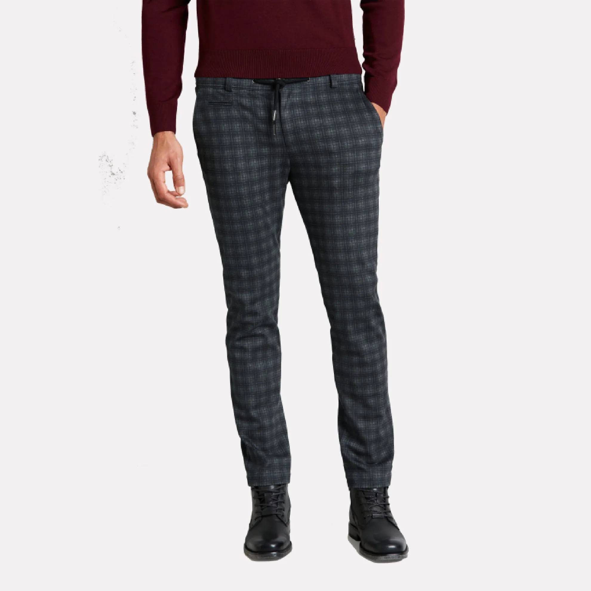 Bugatti "Flex City" Flat Front Drawstring Casual Pant / Dark Grey and Brown Plaid