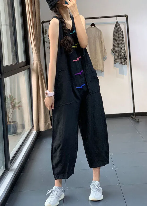 Casual Black Chinese Button Pockets Patchwork Linen Jumpsuits Summer LY7863