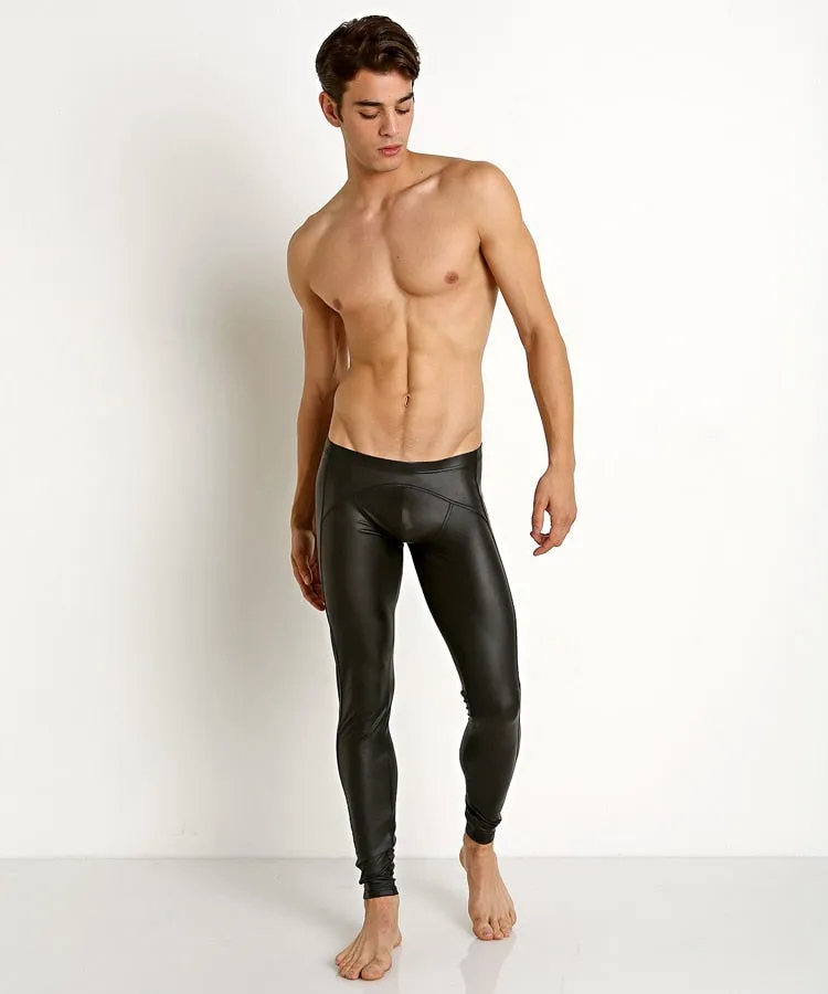 Classic Solid Black Faux Leather Long John Pants