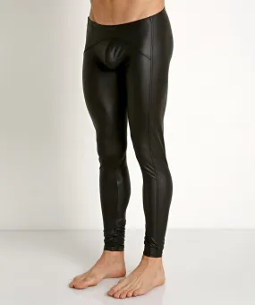 Classic Solid Black Faux Leather Long John Pants