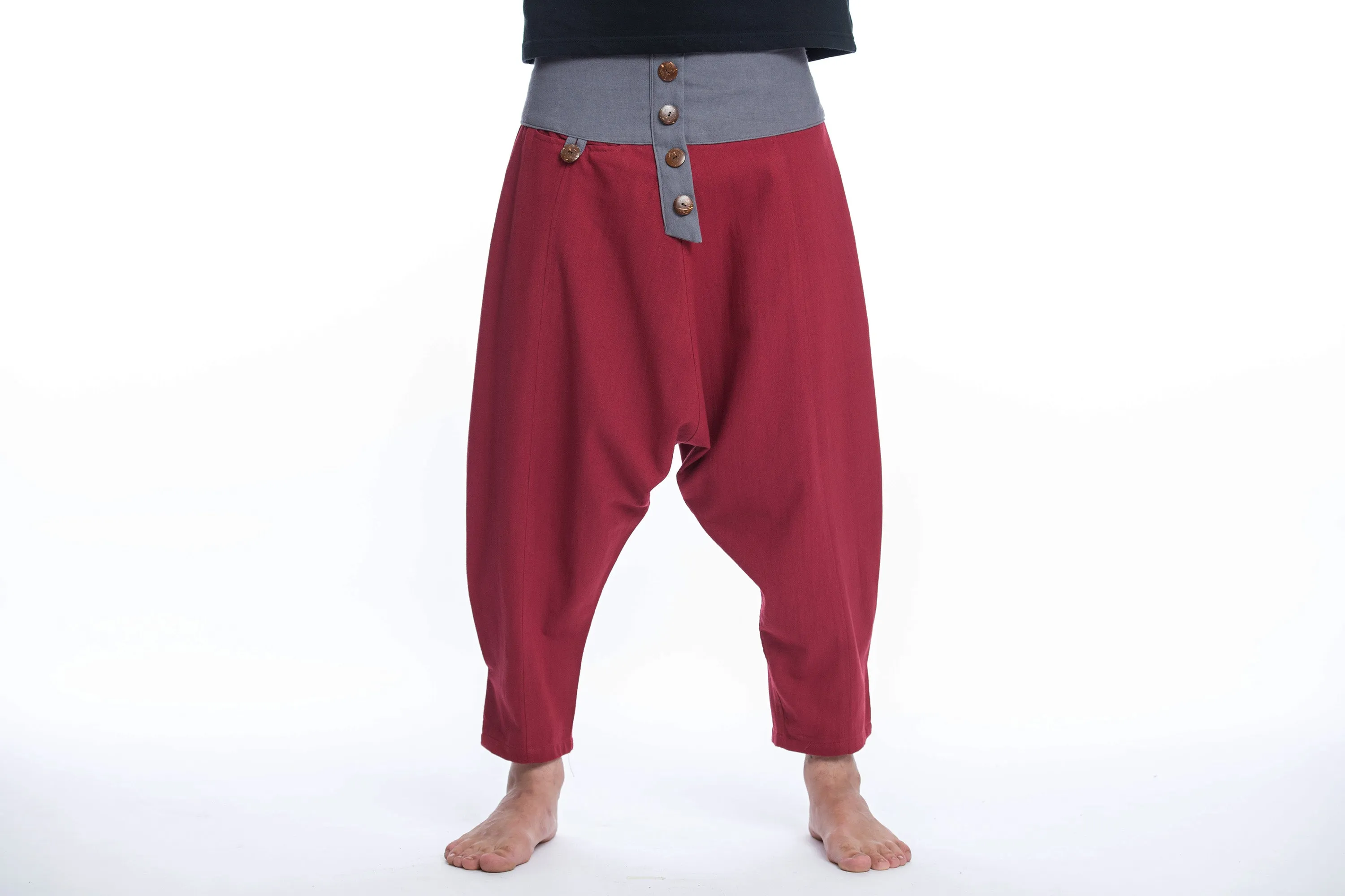 Cotton Men's Harem Pants with Faux Buttons in Red