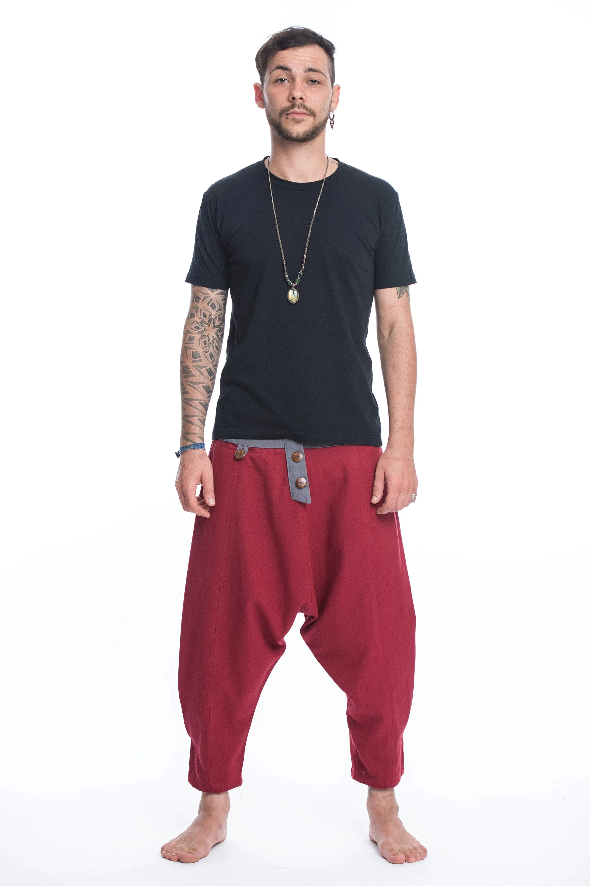 Cotton Men's Harem Pants with Faux Buttons in Red