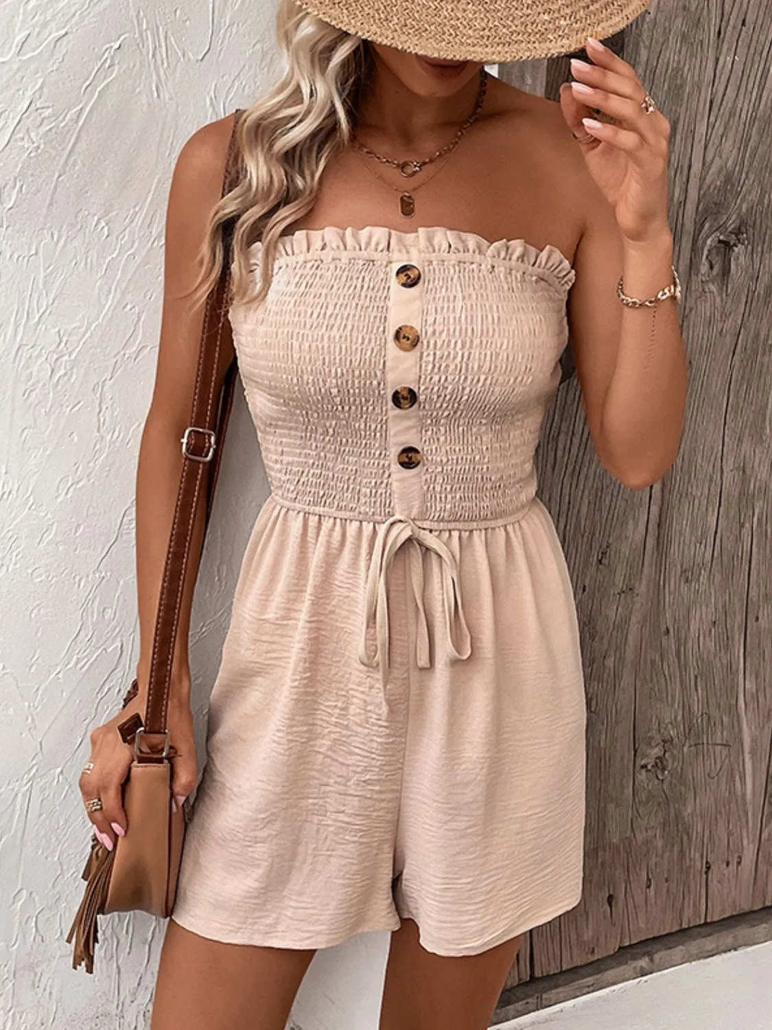 Decorative Button Smocked Strapless Romper