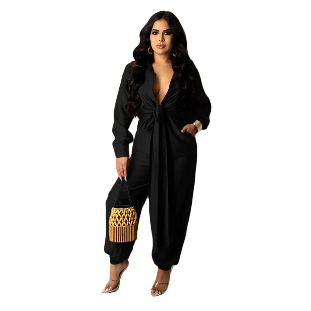 Deep V-Neck Long Sleeve Loose Fit Jumpsuits