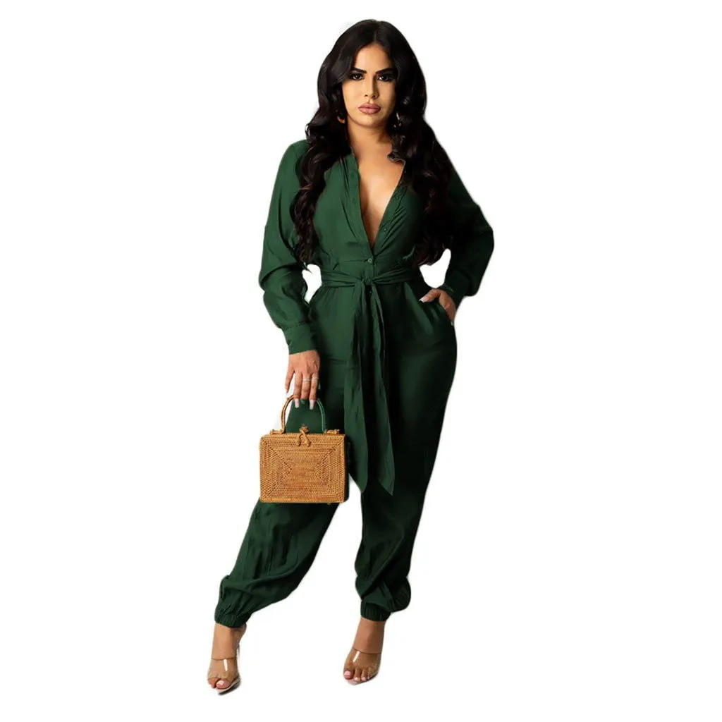 Deep V-Neck Long Sleeve Loose Fit Jumpsuits