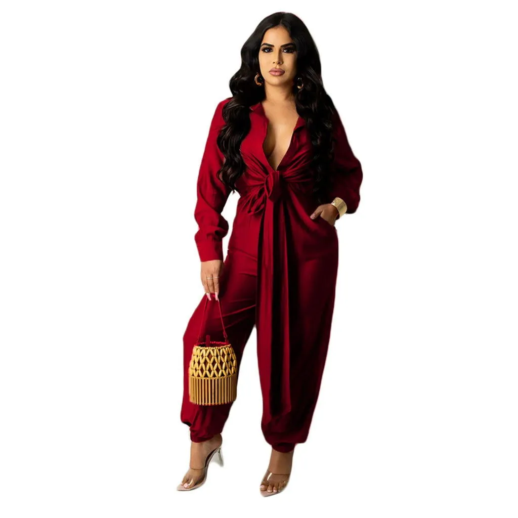 Deep V-Neck Long Sleeve Loose Fit Jumpsuits