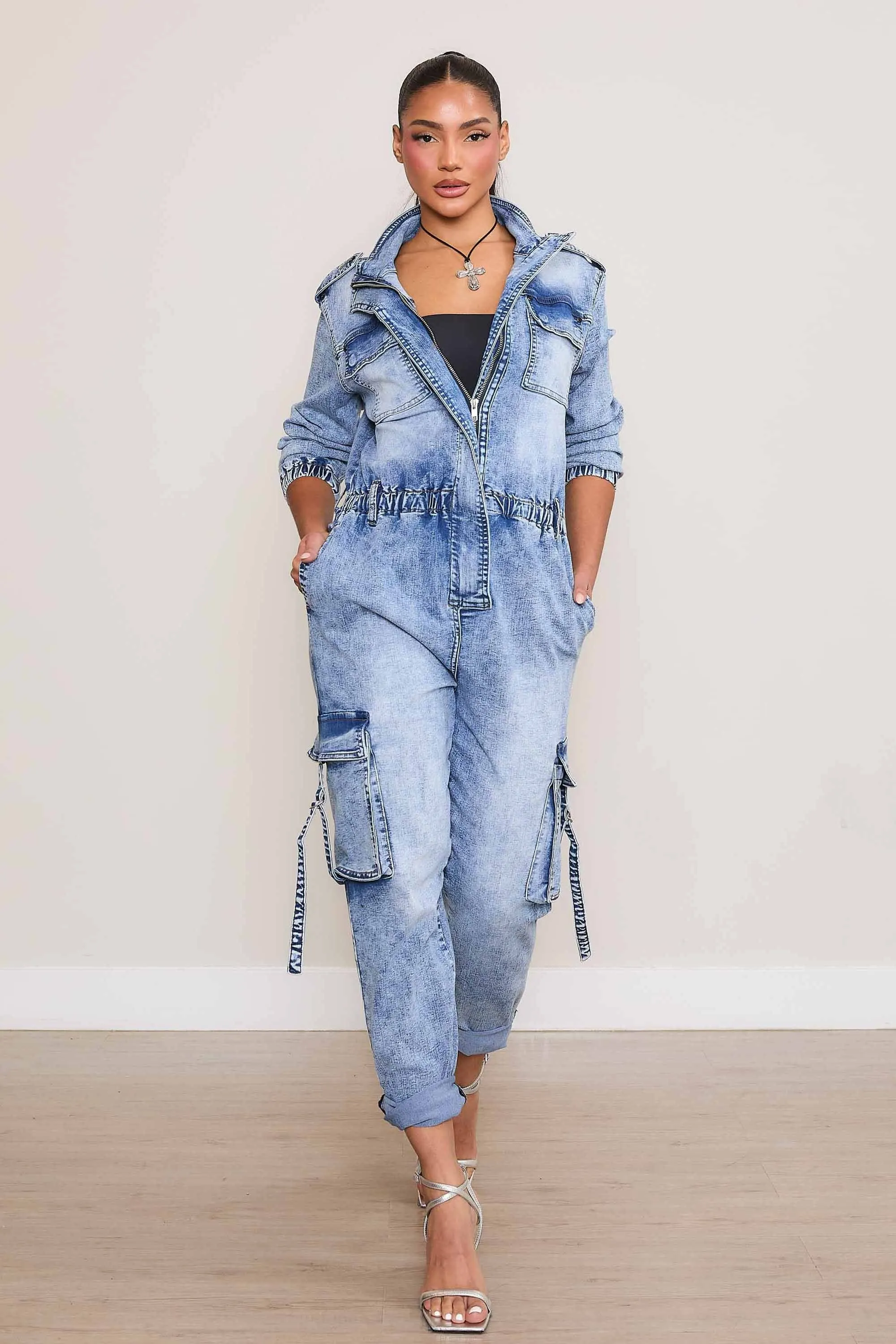 Elastic Waist Cargo Jumpsuit