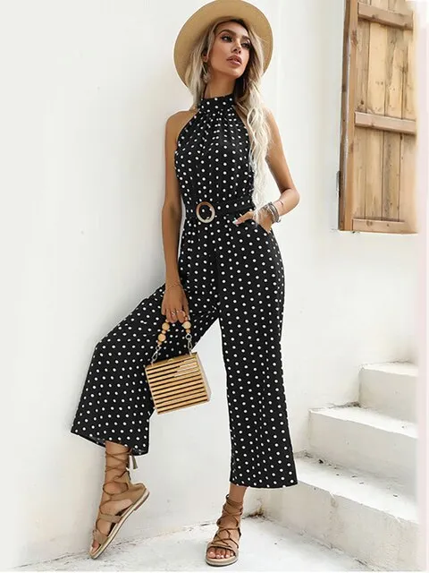 Elegant Women Jumpsuit Casual Polka Dot Print Wide-leg Long Romper