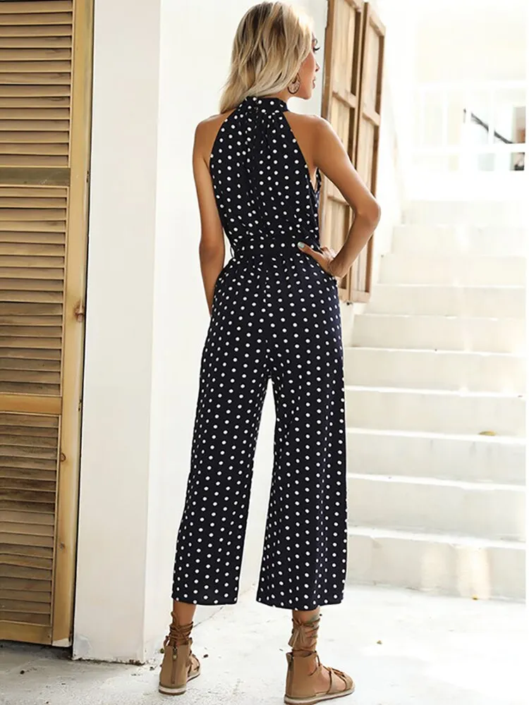 Elegant Women Jumpsuit Casual Polka Dot Print Wide-leg Long Romper