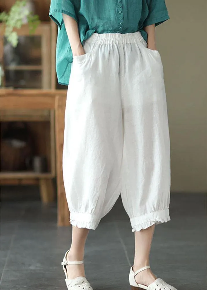 Fitted Green Elastic Waist Pockets Harem Pants Linen