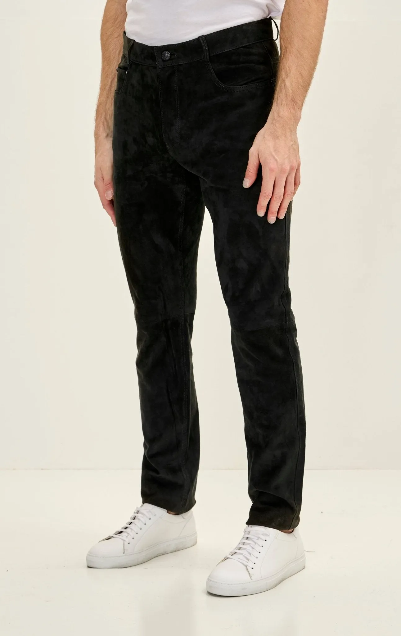 Genuine Lambskin Fitted Suede Pants - Black