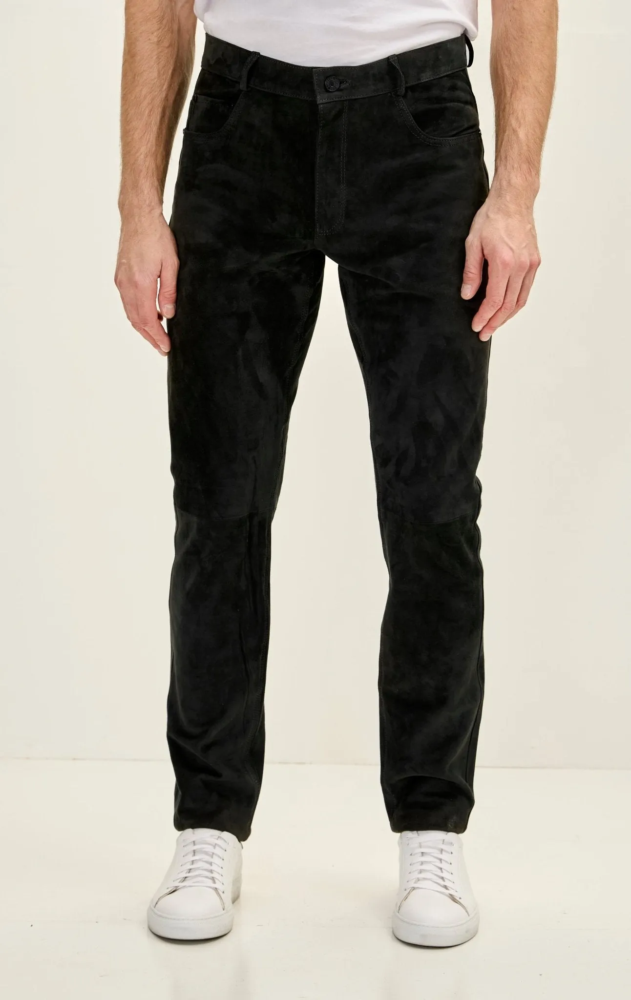 Genuine Lambskin Fitted Suede Pants - Black