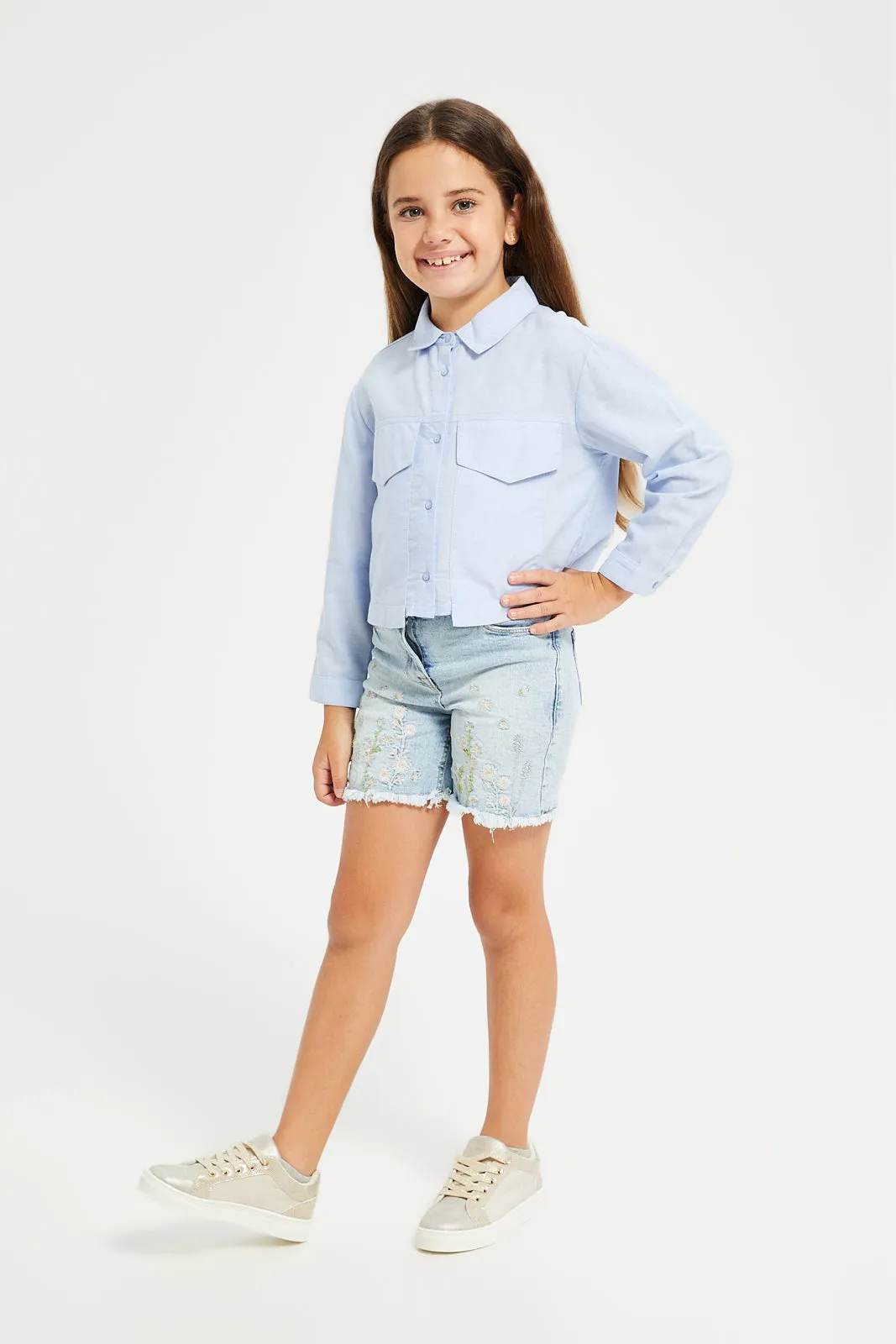 Girls Blue Chambray Button Front Blouse