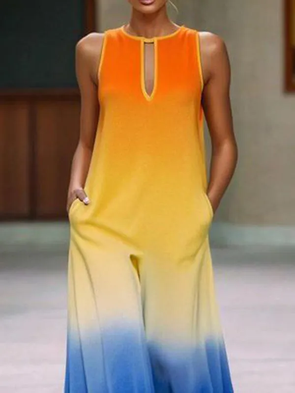 Gradient Hollow Pockets Loose Sleeveless Round-Neck Jumpsuits