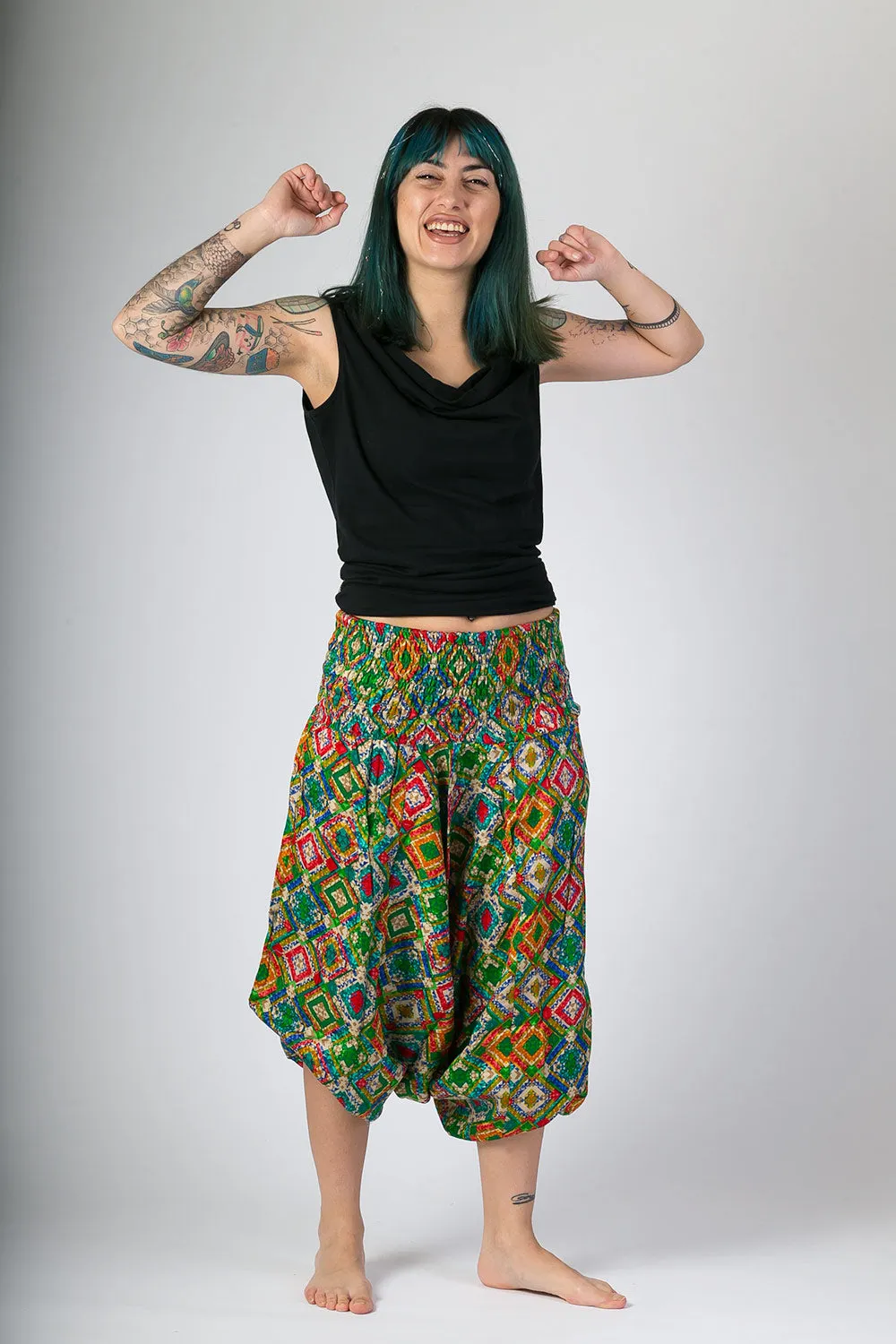 Green Print Cotton Harem Yoga Jumpsuit Pants