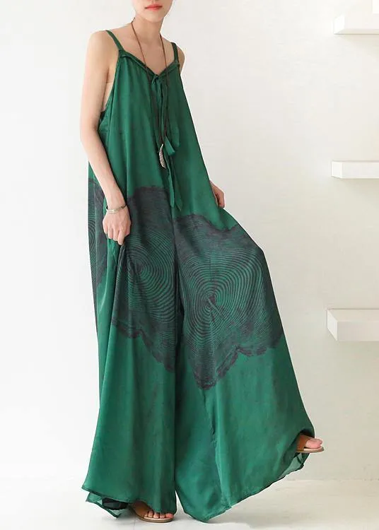 Green Print Jumpsuit Summer Strap Wide Leg Pants