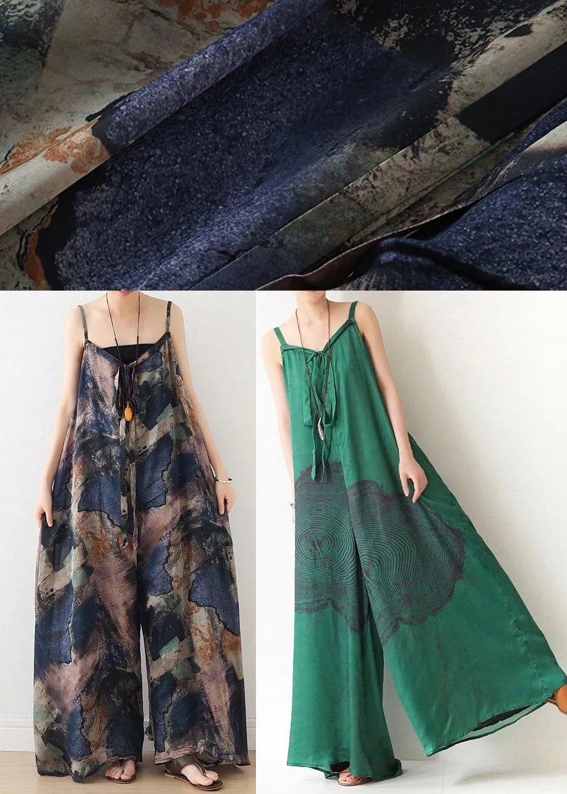 Green Print Jumpsuit Summer Strap Wide Leg Pants