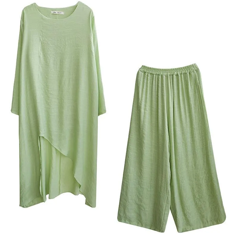 Green Suit Spring Long Top Casual Wide Leg Pants Two Pieces