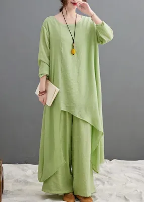 Green Suit Spring Long Top Casual Wide Leg Pants Two Pieces