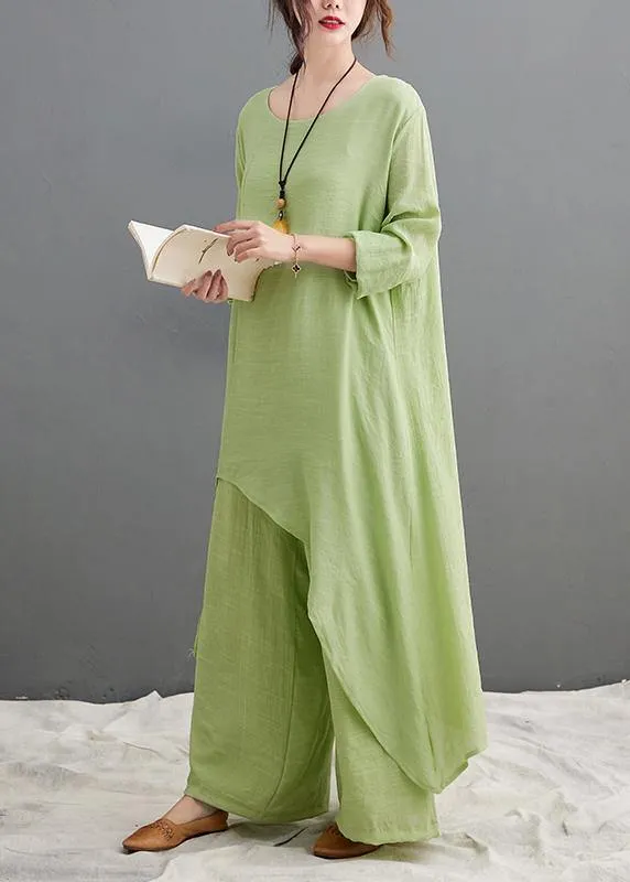 Green Suit Spring Long Top Casual Wide Leg Pants Two Pieces