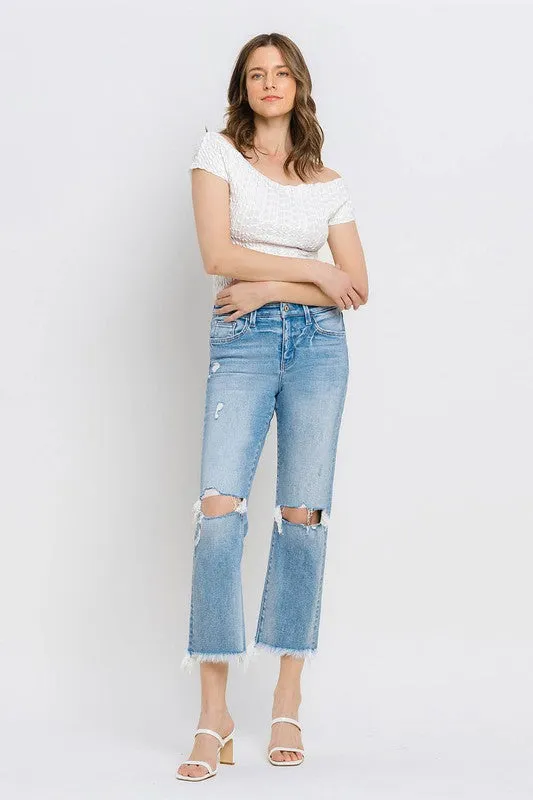 High Rise Frayed Hem Crop Straight Jeans