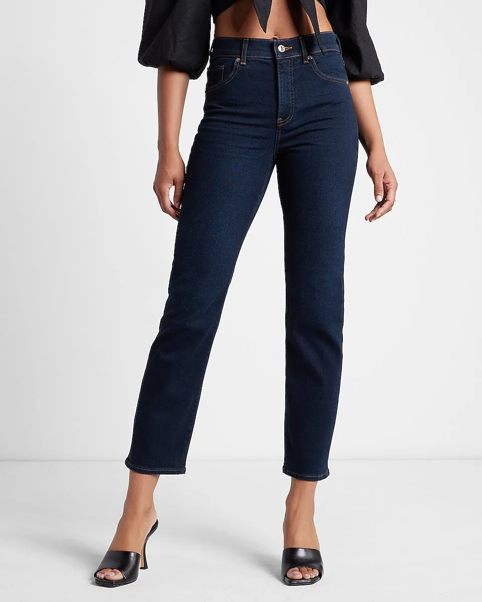 High Waisted Rinse Straight Ankle Jeans in Dark Wash