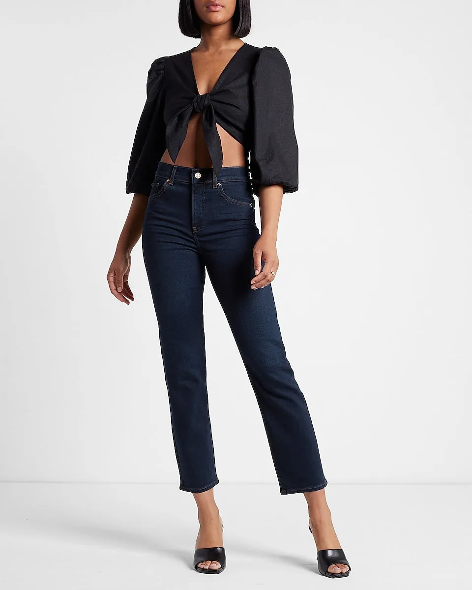 High Waisted Rinse Straight Ankle Jeans in Dark Wash