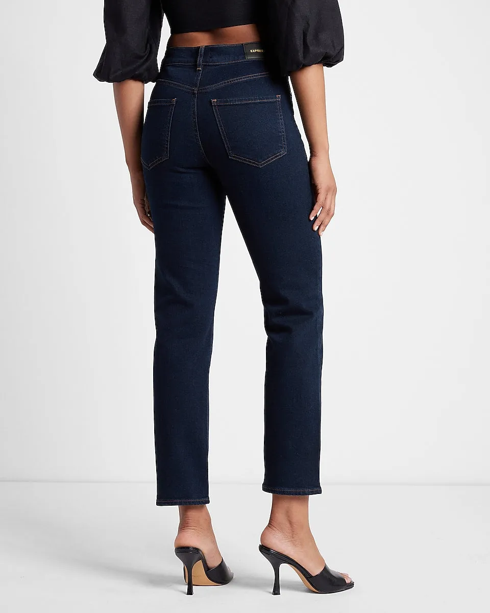 High Waisted Rinse Straight Ankle Jeans in Dark Wash