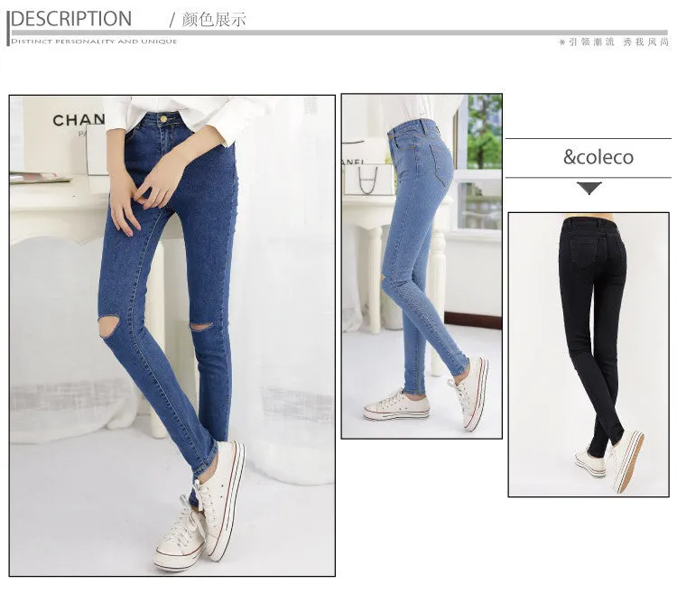 Hot Sale Vintage Hole Ripped Jeans Woman Plus Size Elasticity High Waist Skinny Jeans Women Pencil Denim Pants Jeans Femme Mujer