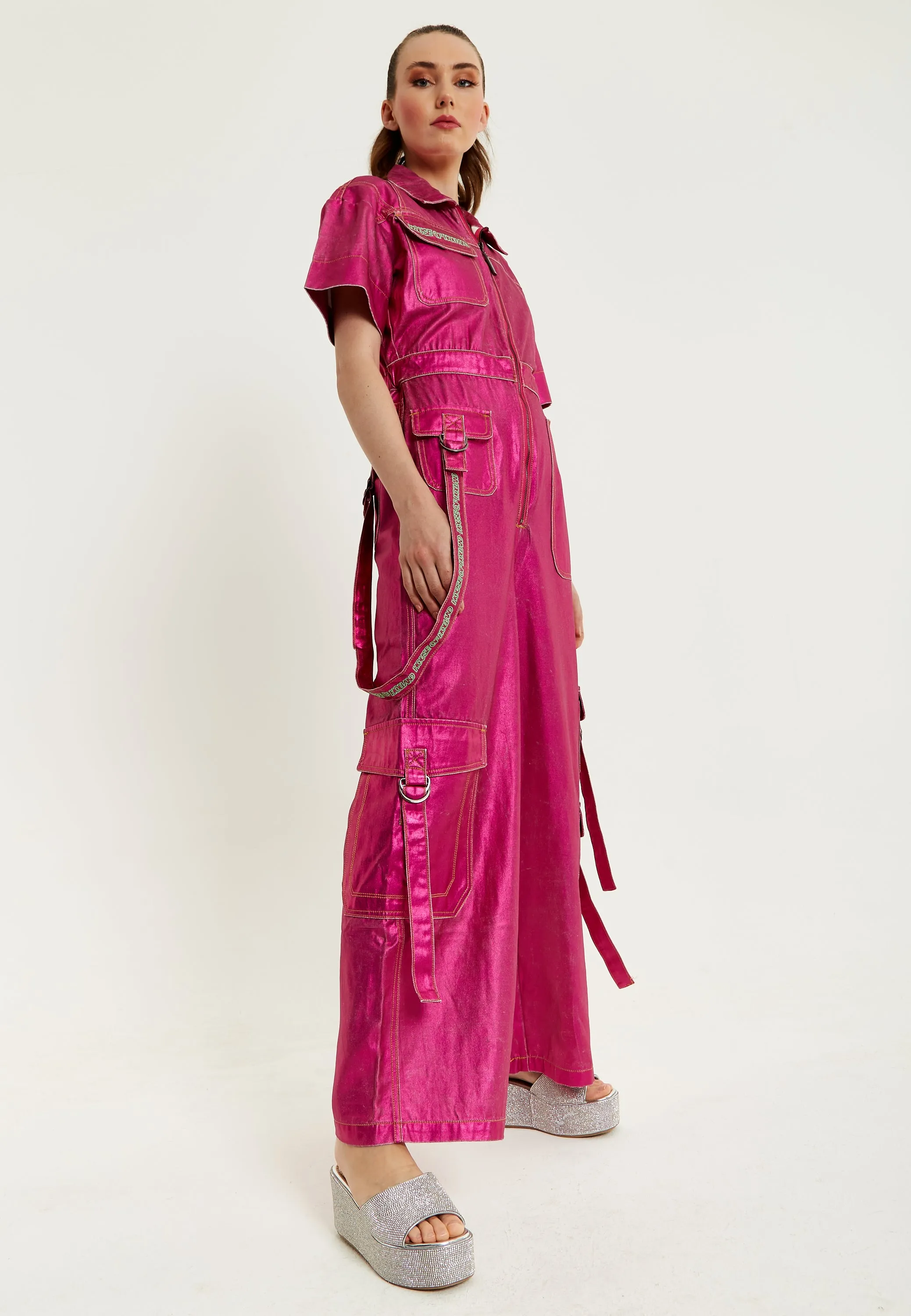 House Of Holland Metallic Utility Jumpsuit In Fuchsia