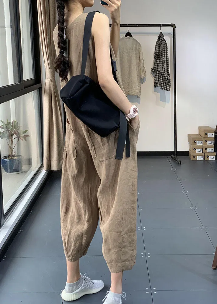 Khaki Pockets Patchwork Linen Jumpsuits Chinese Button Sleeveless  LY7854