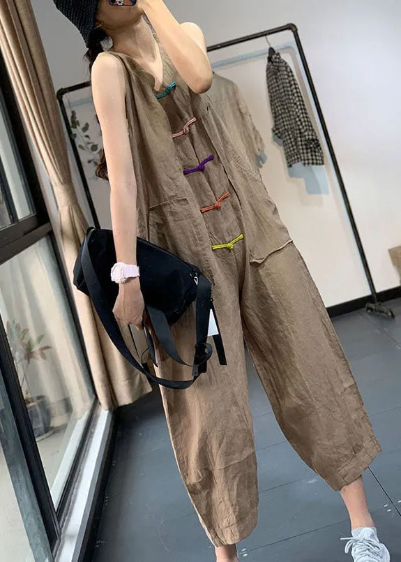 Khaki Pockets Patchwork Linen Jumpsuits Chinese Button Sleeveless  LY7854