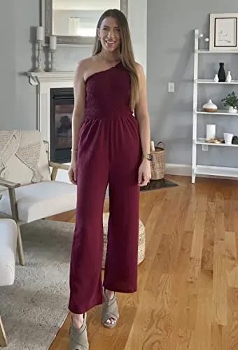 KIRUNDO Women's 2023 Summer Smocked One Shoulder Jumpsuits High Waist Solid Casual Sleeveless Wide Leg Romper With Pockets(Wine Red, Medium)