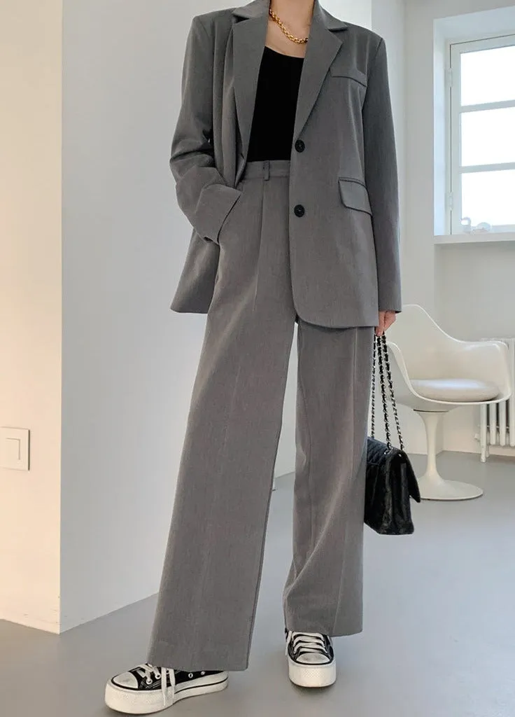 [Korean Style] Grey Loose Fit Blazer High Waist Trouser 2 pc Matching Set