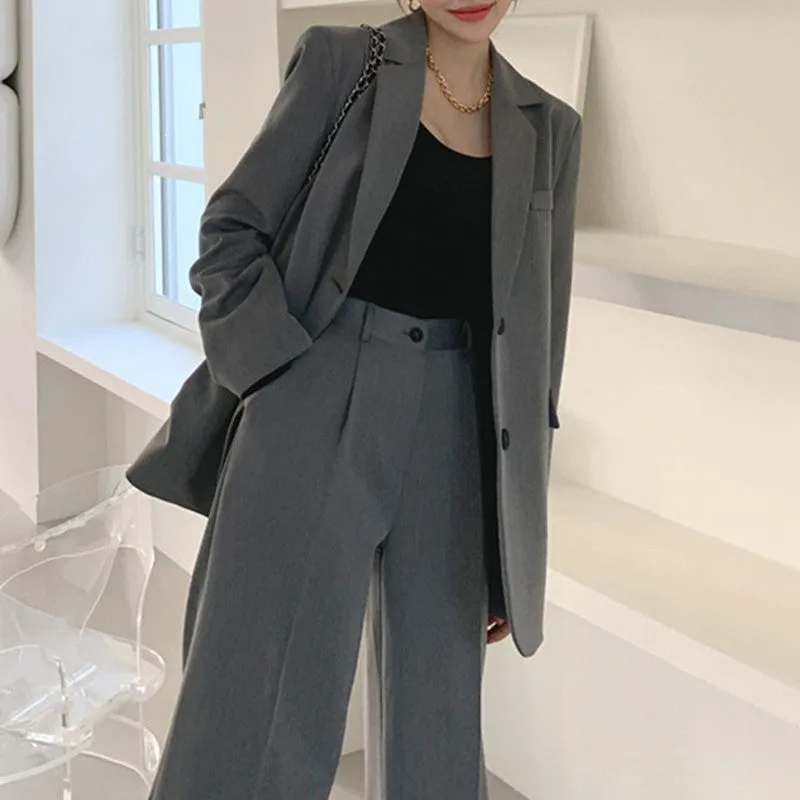 [Korean Style] Grey Loose Fit Blazer High Waist Trouser 2 pc Matching Set