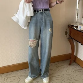 [Korean Style] High Rise Vintage Wash Wide Leg Ripped Jeans