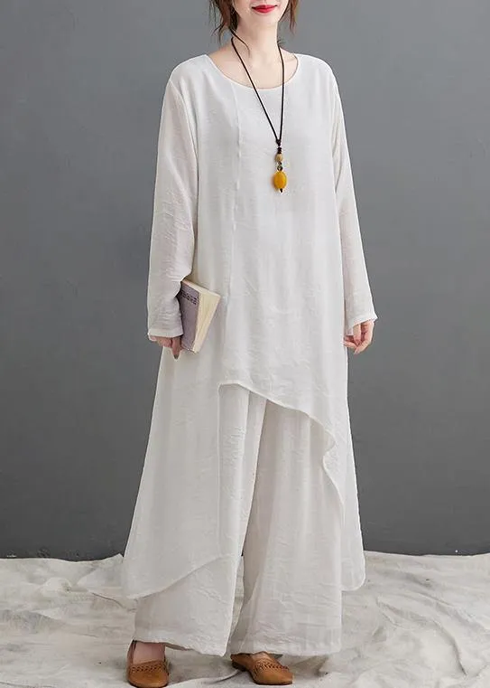 Large Size Loose Art Long White Top Casual Wide Leg Pants Two Piece Suit For Women