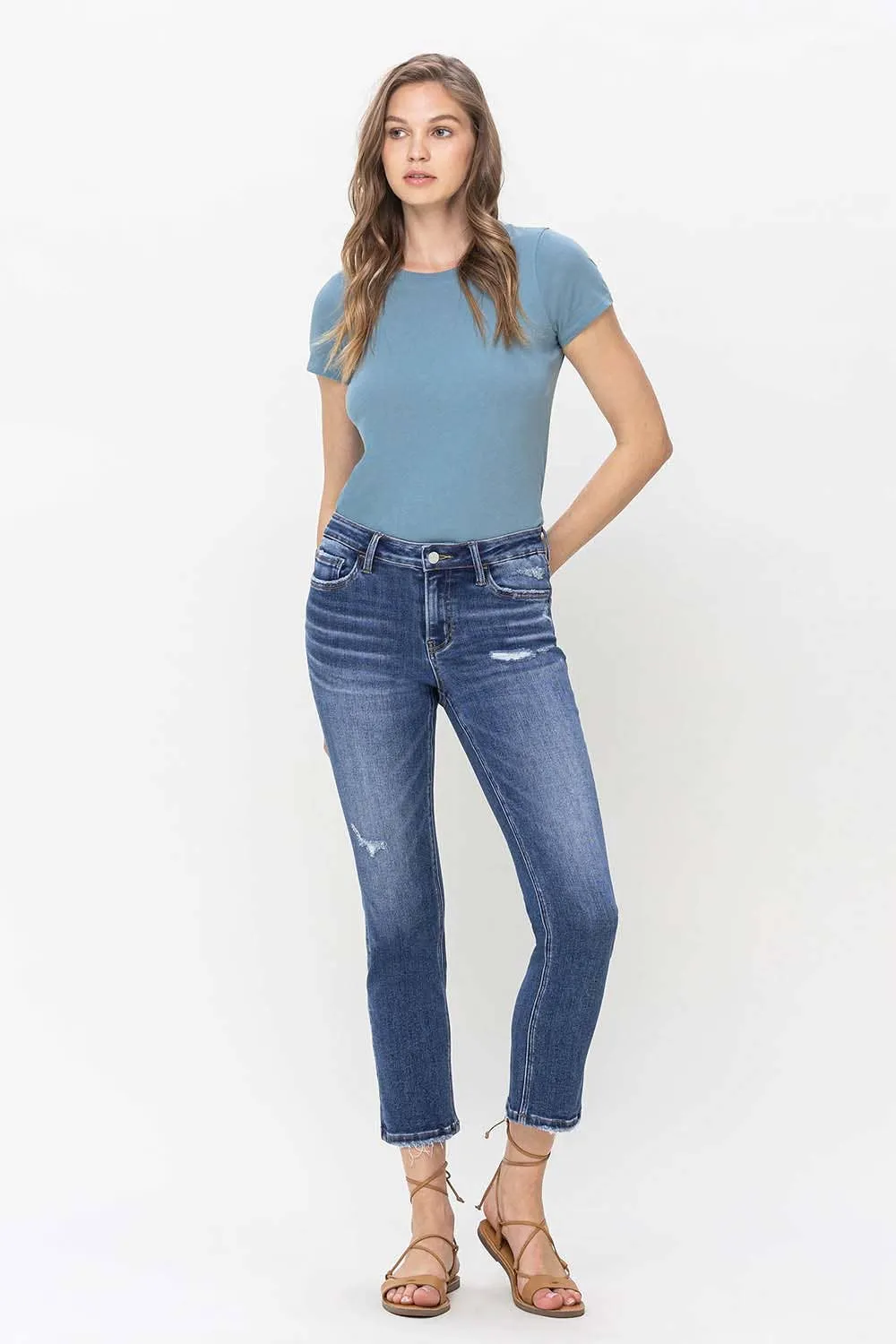 MID RISE CROP SLIM STRAIGHT JEANS